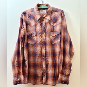 Big Man Wrancher by Wrangler Rust/Blue Plaid Western Pearl Snap Shirt Size XL